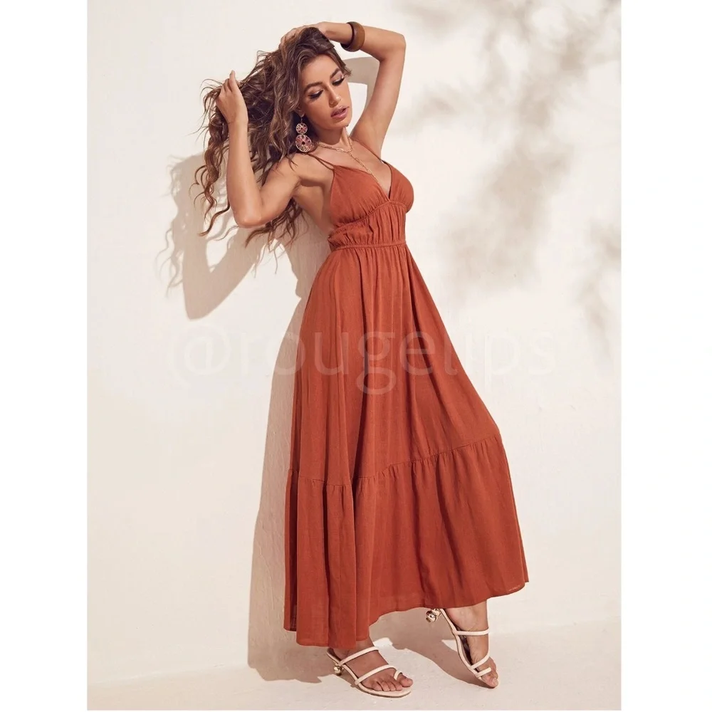 Burnt Orange Cami V-Neck Backless Criss Cross Straps Maxi Dress - Picture 2 of 12